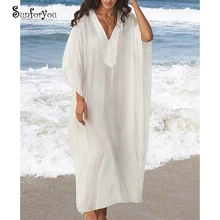 Плюс размер пляжное платье с v-образным вырезом пляжные Комбинезоны для женщин Vestido Плайя накидка на купальный костюм туника для пляжа плаванья