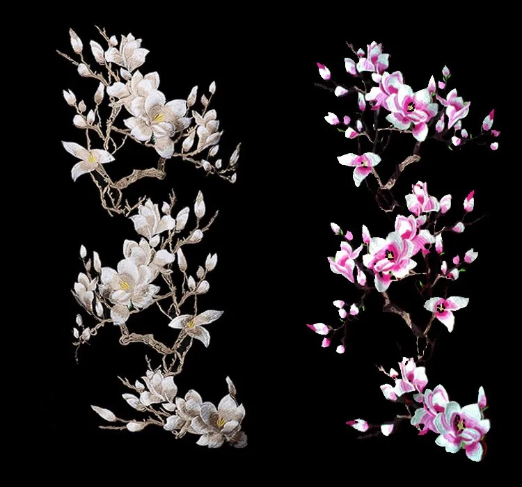 

Large Magnolia Flower Embroidery Large Applique Patches Sew On Cloth Dress Decoration Stick Accessory Pink/Beige Lace FabricA385