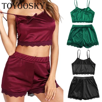 

Summer Women Sexy Lingerie Lace Silk Satin Babydoll Womens Nightwear Deep V Sling Crop Tops Shorts Sleepwear Nightgown Underwear