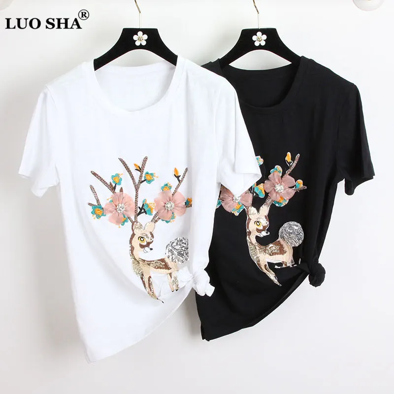

LUOSHA Women 2019 Spring Summer Short Sleeve O Neck Embroidery 3D Flower Stylish Tshirt And Tops Women Appliques T-Shirt Femme
