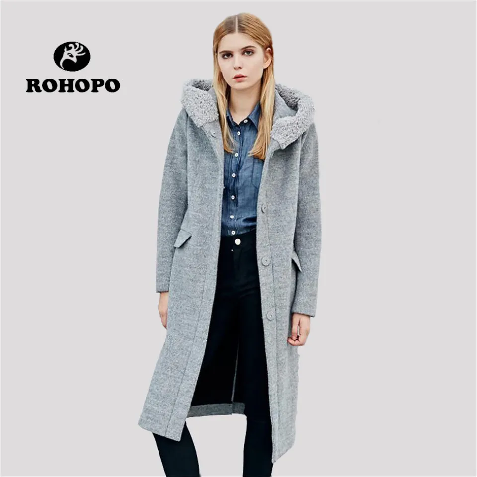 

ROHOPO Winter women Hooded Collar Woolen Warm Coat Blends Quality Windproof Single Breast Preppy Casual Female Long Coat Blend