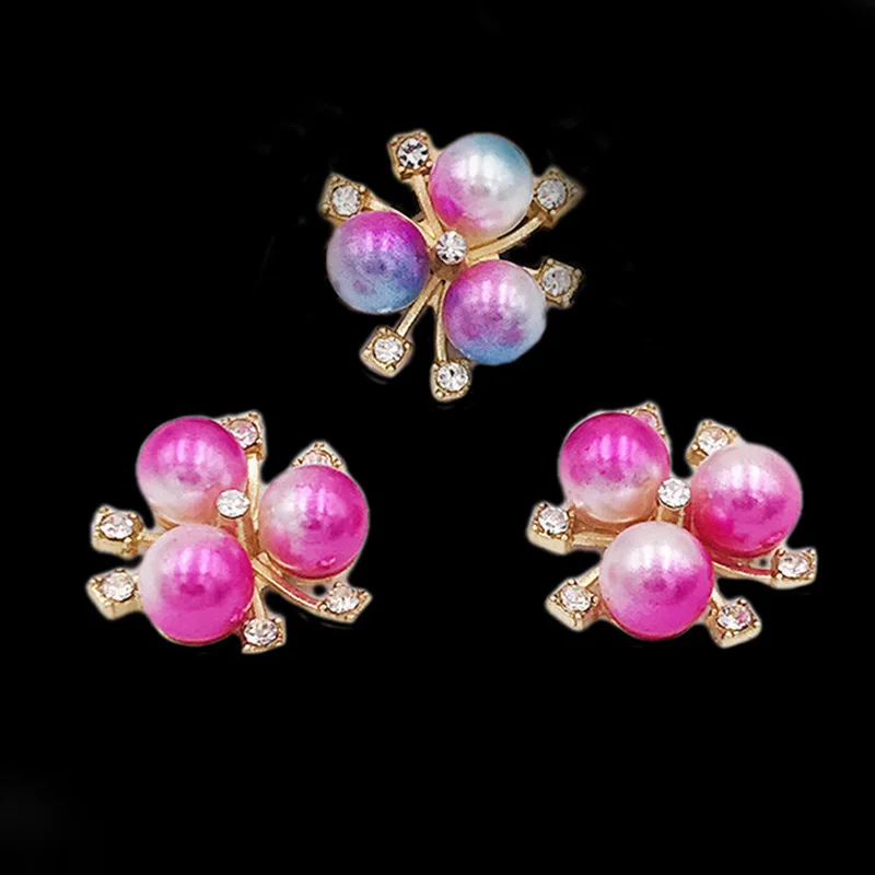 2019New 100Pcs Colorful Three-Pearl Flower Core Rhinestones Button for DIY hair or cellphone alloy accessoriess ZJ428 | Дом и сад