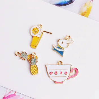

diy jewelry making 50pcs/lot alloy drop oil gold tone cartoon pineapple/heart cup/Lemon drink/rabbits shape metal pendant charms