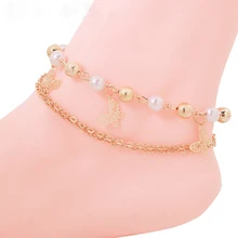 High Quality Double Gold Color Chains Sexy Butterfly Bead Pendant Body Anklets Jewelry For Women Summer Style Free Shipping2017