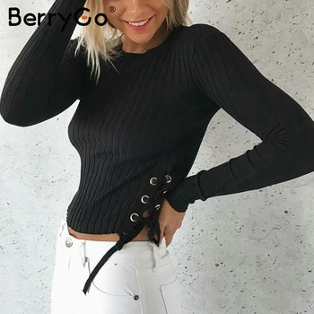 

BerryGo Sexy lace up knitting pullover Fashion black autumn winter sweater women Casual cold shoulder elastic streetwear jumper