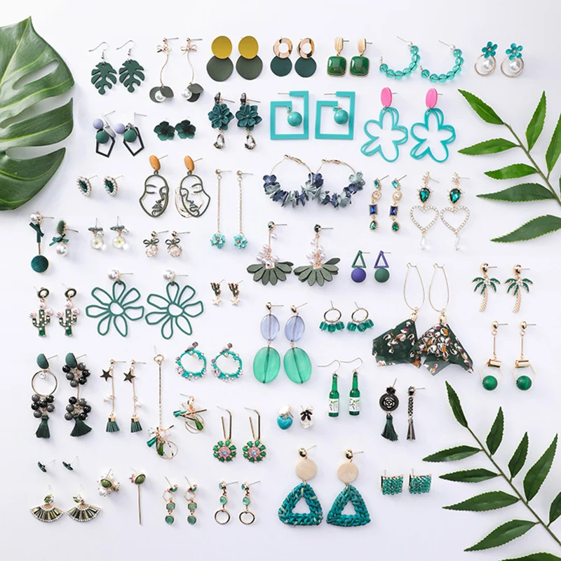 

Cactus Exquesite Acrylic Metal 1Pair Green Ball Oil Long Forest Series Tassel Pearl Simple Drop Earring Dripping Crystal Flower
