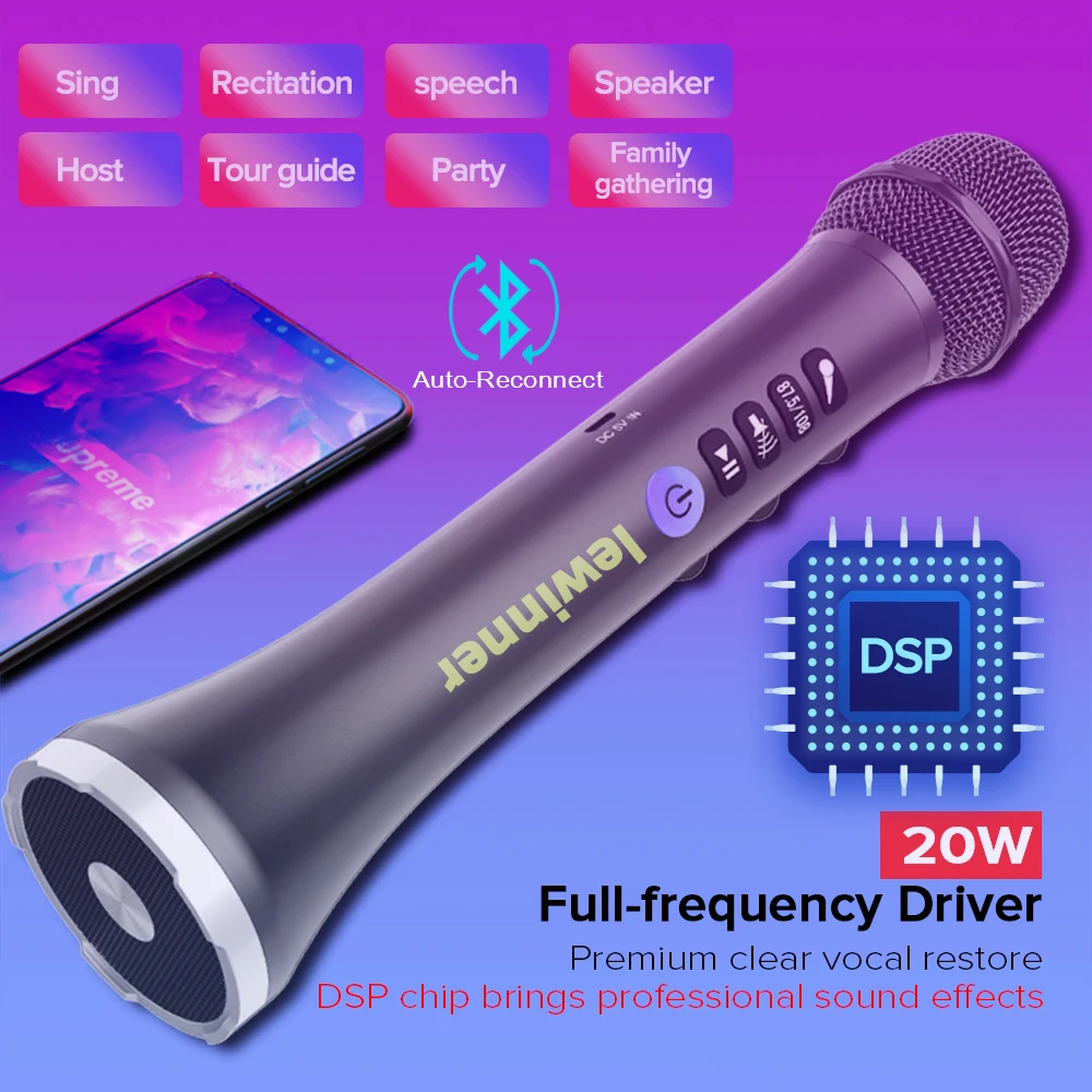 Lewinner L-698DSP Профессиональный 20 Вт Bluetooth караоке микрофон динамик Портативный беспроводной мини домашний KTV для пения и воспроизведения музыки
