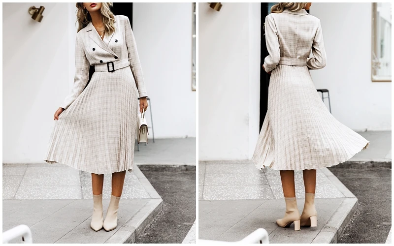 BeAvant V-образным вырезом на пуговицах ремень женское платье Элегантный блейзер плиссированные A-Line офисные женские платья с длинным рукавом осень