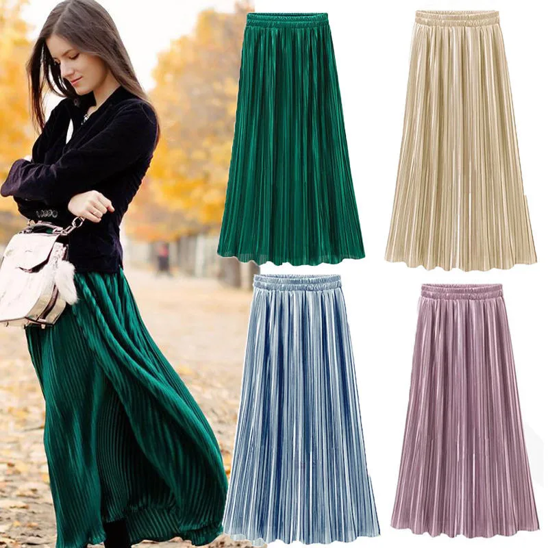 Summer Women Long Skirt Elegant High Waist Pleated Solid Ankle length