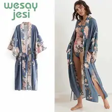 2019 Kimono sashes long jacket bohemian vintage Peacock and cute floral printing Cardigan plus size long jacket women