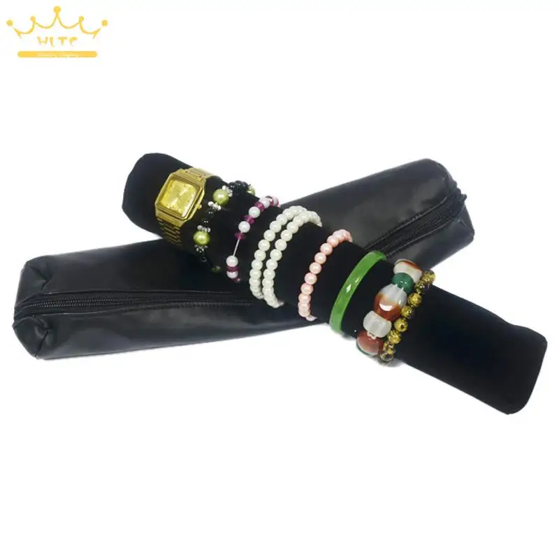 Organizer Black Leatherette Jewelry Display  Bracelet Watch Chain Stand Holders Rack Travel Roll Bag Portable Storage Case 36cm
