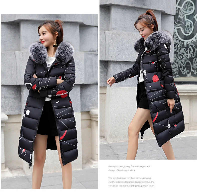 MANDADI winter clothes women fashion cotton padded winter coat women fur collar outerwear hooded print long jacket female