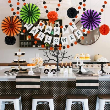 

9Pcs Halloween Decoration Sets Paper Pompom Folding Fan Orange Black Honeycomb Bunting Dot Garland Halloween Party Supplies