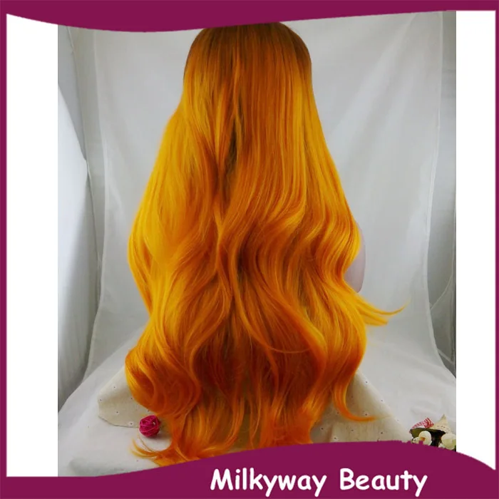 

Free Shipping heat resistant fiber ombre orange yellow brown color wavy glueless synthetic lace front wig