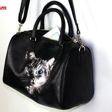 GINIANI натуральная коровья кожа женские черные базовые бостонские сумки женские крутые сумки на плечо с рисунком кота