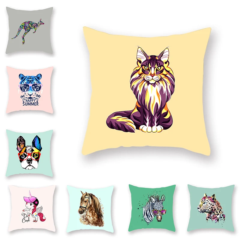 

Cartoon Animated Throw Pillow Covers Watercolor Animal Cushion Set Unicorn Zebra Tiger Lion Pattern Polka Dot Green Sofa Deco