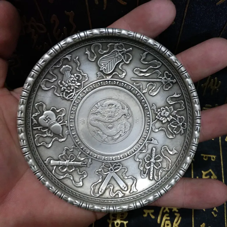 

chinese tibet silver The eight immortals weapons statue silver dollar coin Plate metal crafts Family decoration