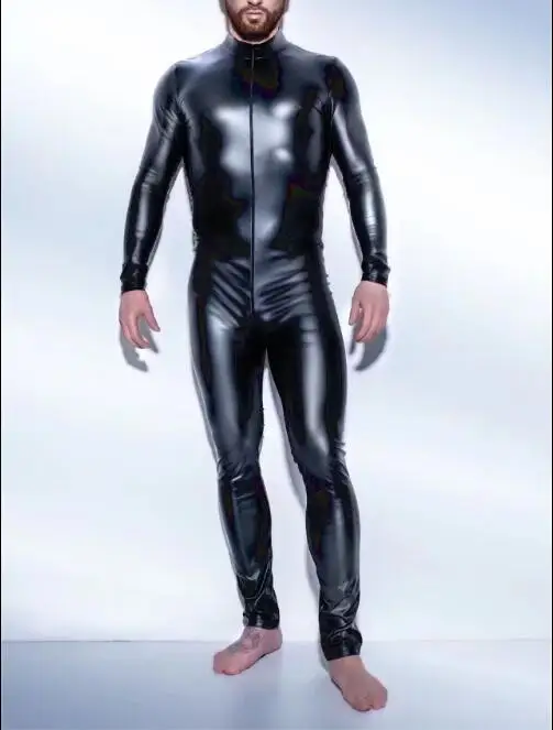 Men Underwear Sexy Lingerie Plus Size S-5XL Men Catsuit Faux Leather Two Way Long Zipper Crotch Bodysuit Night Club DS Jumpsuit