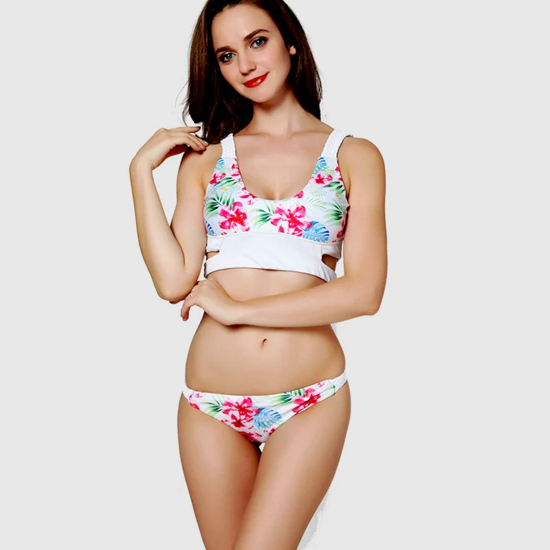 

2018 Cross V Back Strap Flower Leaf Print Pattern Women Swimsuit U Neck String White Bikinis Tank Top Bathing Suit Swimwear