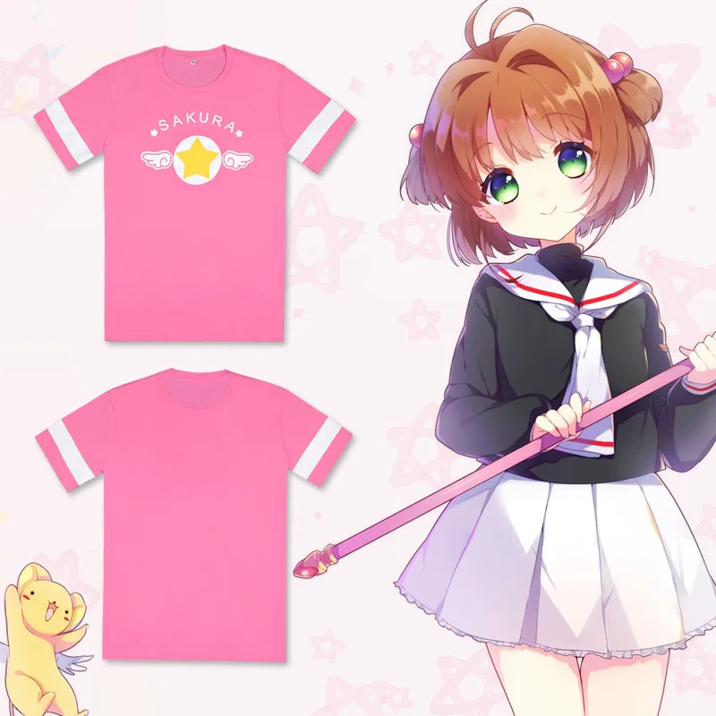 

Anime Carton Women Summer T-shirt Magic Card Girl Sakura Printed Tshirt Kawaii School Girls Pink Short Sleeves Tee Top Plus XXL