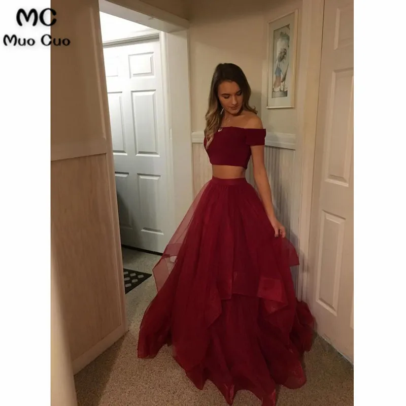 Two Pieces Red Prom Dress,Tulle Off Shoulder Evening Dresses Prom Gowns Tulle Prom Dresses Cheap,Long Party Gowns