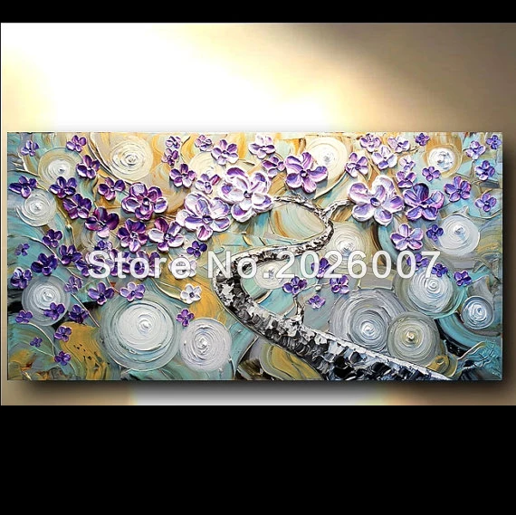 

Hand Painted Landscape Palette Knife Gold Blue Purple Silver Tree Flower Oil Painting On Canvas Modern Home Decoration Artwork