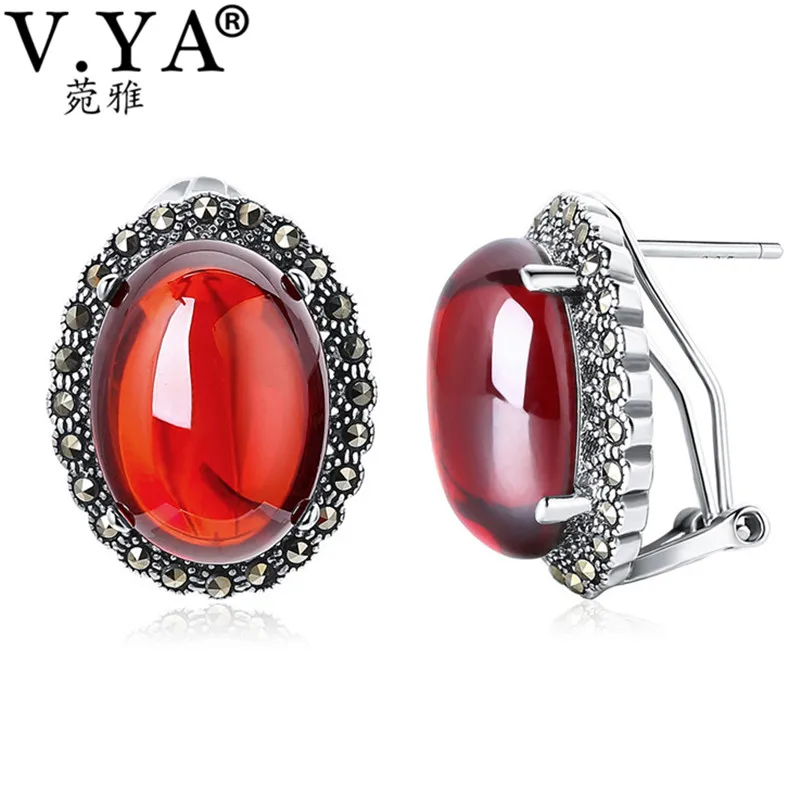 

V.YA Green/Yellow/Red Stone 925 Silver Earrings Ear Clips for Women Ladies Luxury S925 Sterling Silver Jewelry