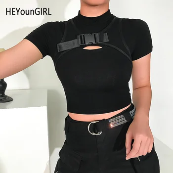 

HEYounGIRL Cut Out Short Sleeve Black Crop Top T Shirt Ladies Gothic Casual Basic T-shirt Women Korean Harajuku Tee Shirt Femme