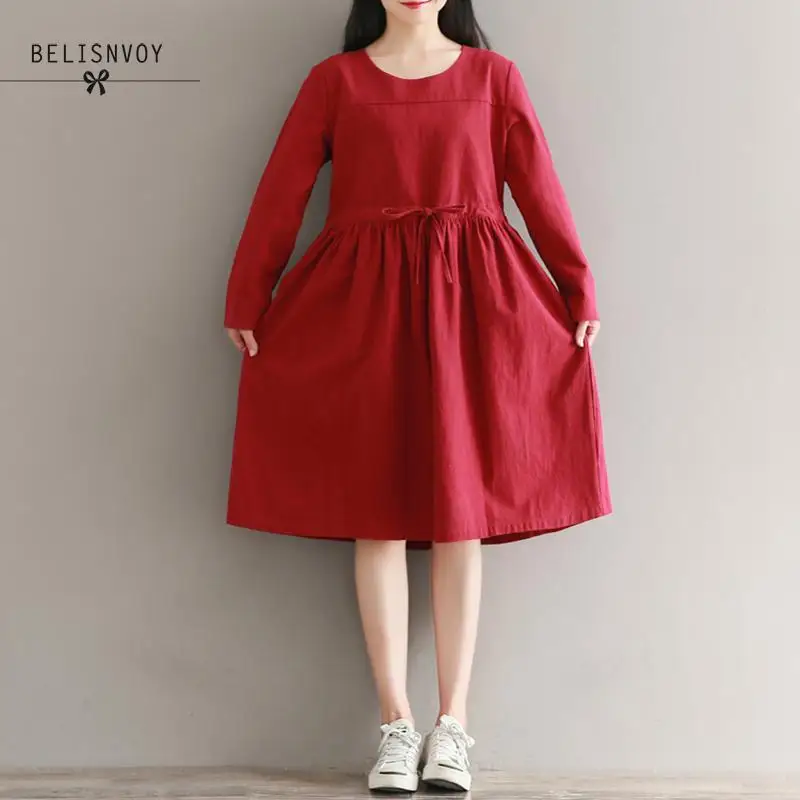

Mori Girl Spring Autumn Women Vintage Dress Brief O-neck Solid Cotton Linen Robe Femme Long Sleeve Elegant Vestidos