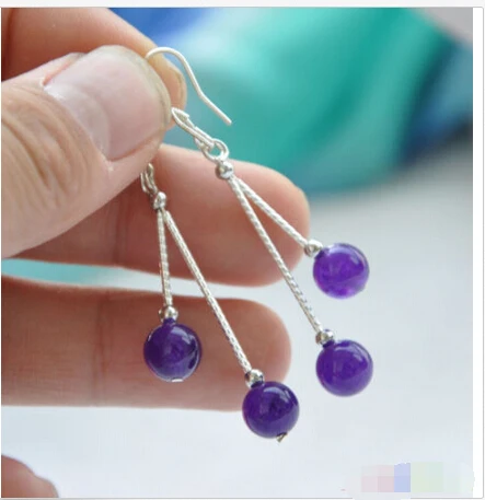 

S1635 8mm purple round jade bead dangle earring 925silver 18K GP style Fine jewe Noble Natural jade FREE SHIPPING