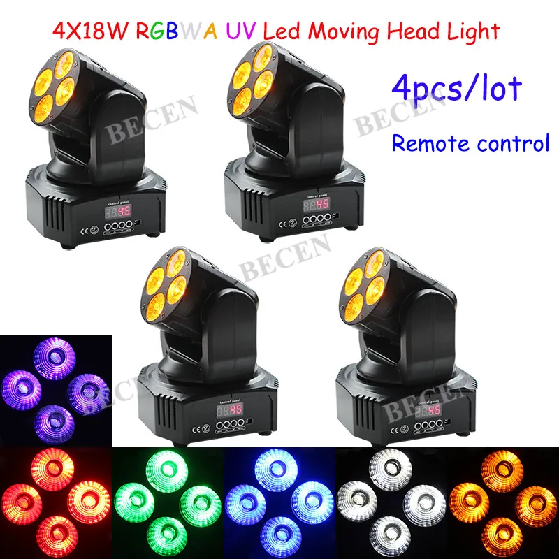 

4x18W RGBWA UV 6in1 Led Moving Head Light Remote Control DMX512 MINI Wash Moving Head Light 4pcs/lot