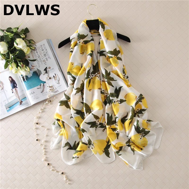 

2019 Fashion New Style Silk-like Printed Scarf Popular Lemon Pattern Scarf Beach Tourism Resort Shawl High Quality Scarf