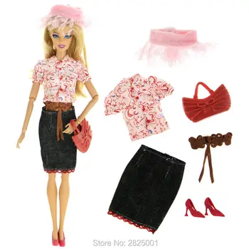 

Fashion Elegant Outfit Casual Daily Wear Floral Blouse Denim Skirt Belt Hat Handbag Shoes Accessories For Barbie Doll DIY Toy