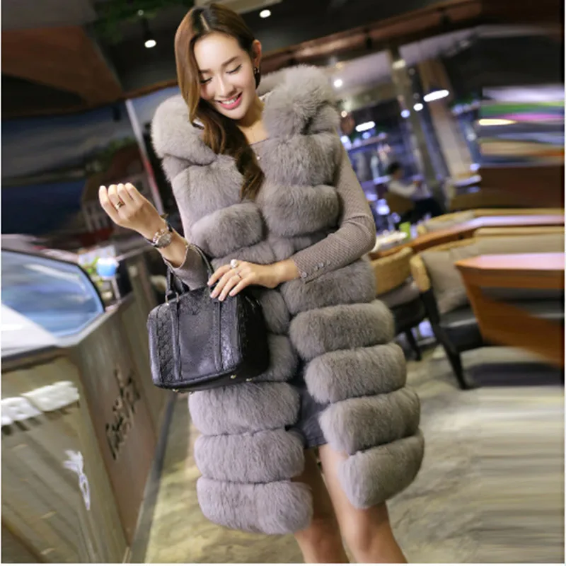 

New Fashion Long Faux Fox Mink Fur Vest With Hooded Women Winter Slims Super Long Fake Fur Vests Fur Coat Female Jackets