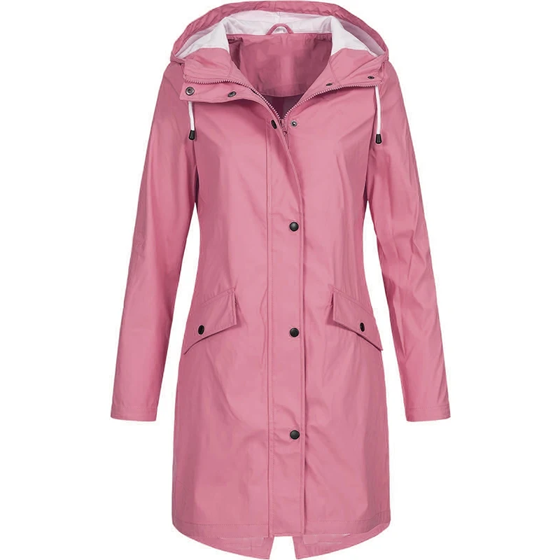 Женское модное пальто с длинным рукавом и капюшоном, плащ, ветровка для пеших прогулок, Женский Повседневный однотонный водонепроницаемый плащ - Цвет: Розовый