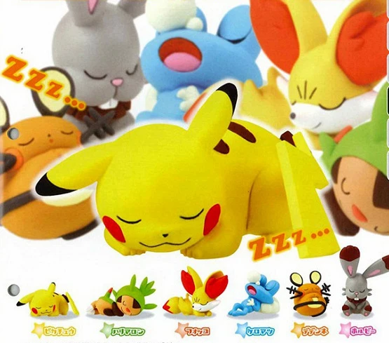 

Anime 6pcs/set good night Bulbasaur Squirtle Charmander Pikachu Eevee Mew sleep Action Figure Model On the Cable Toys