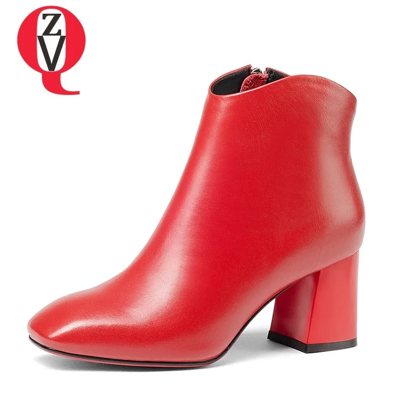 

ZVQ newest hot sale genuine leather square toe zipper high hoof heels ankle boots outside fashion sexy black and red boots women