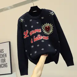 2018 Новинка зимы черный вышивка любовь свитер женский Дамская мода трикотажные свитеры для женщин пуловеры джемперы для вязаное пальт