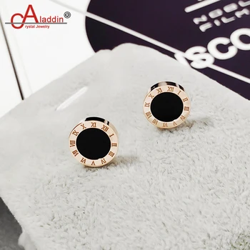 

Aladdin Titanium steel material Stud earrings Round Roman numerals and Black earring simple style Rose gold lover's gift hipster
