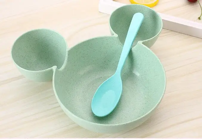 Пшеничная соломенная миска для кормления ребенка, миска для риса с ложкой, милая обеденная тарелка, Детская мультяшная посуда - Цвет: Green