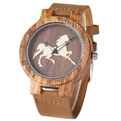 Классические Деревянные Часы с изображением лошади для мужчин и женщин, модные коричневые мужские часы из натуральной кожи, уникальные