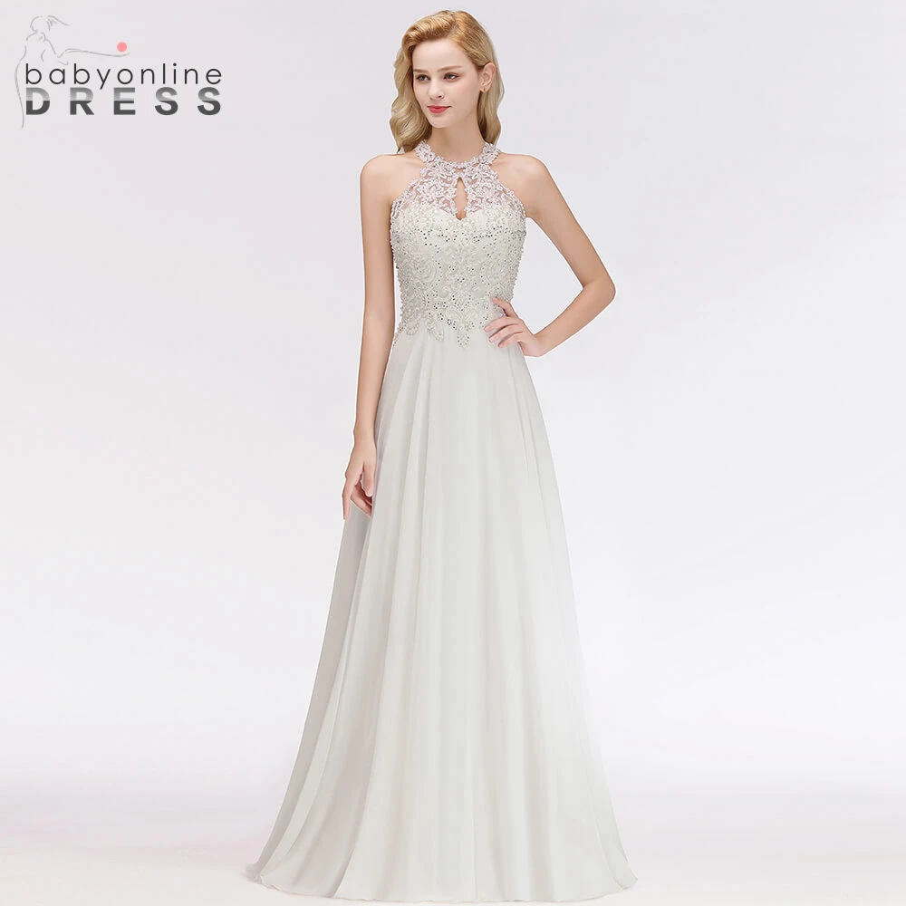 

New Arrival Pears And Crystal Halter Wedding Dresses 2021 Fashion A Line Lace Wedding Gowns With Zipper Vestido De Novia