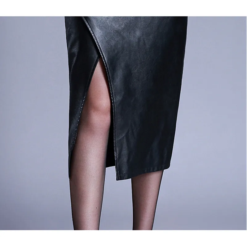 Женская юбка из искусственной кожи, весна осень, выше колена, высокая талия, разрезная посылка, бедра, сексуальная юбка для девушек, юбка миди размера плюс 4XL, W539