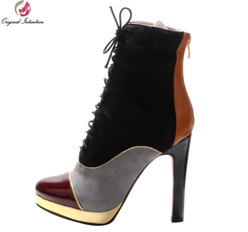 Original Intention Elegant Women Ankle Boots Fashion Patchwork Round Toe Spike Heels Boots Shoes Woman Plus Size