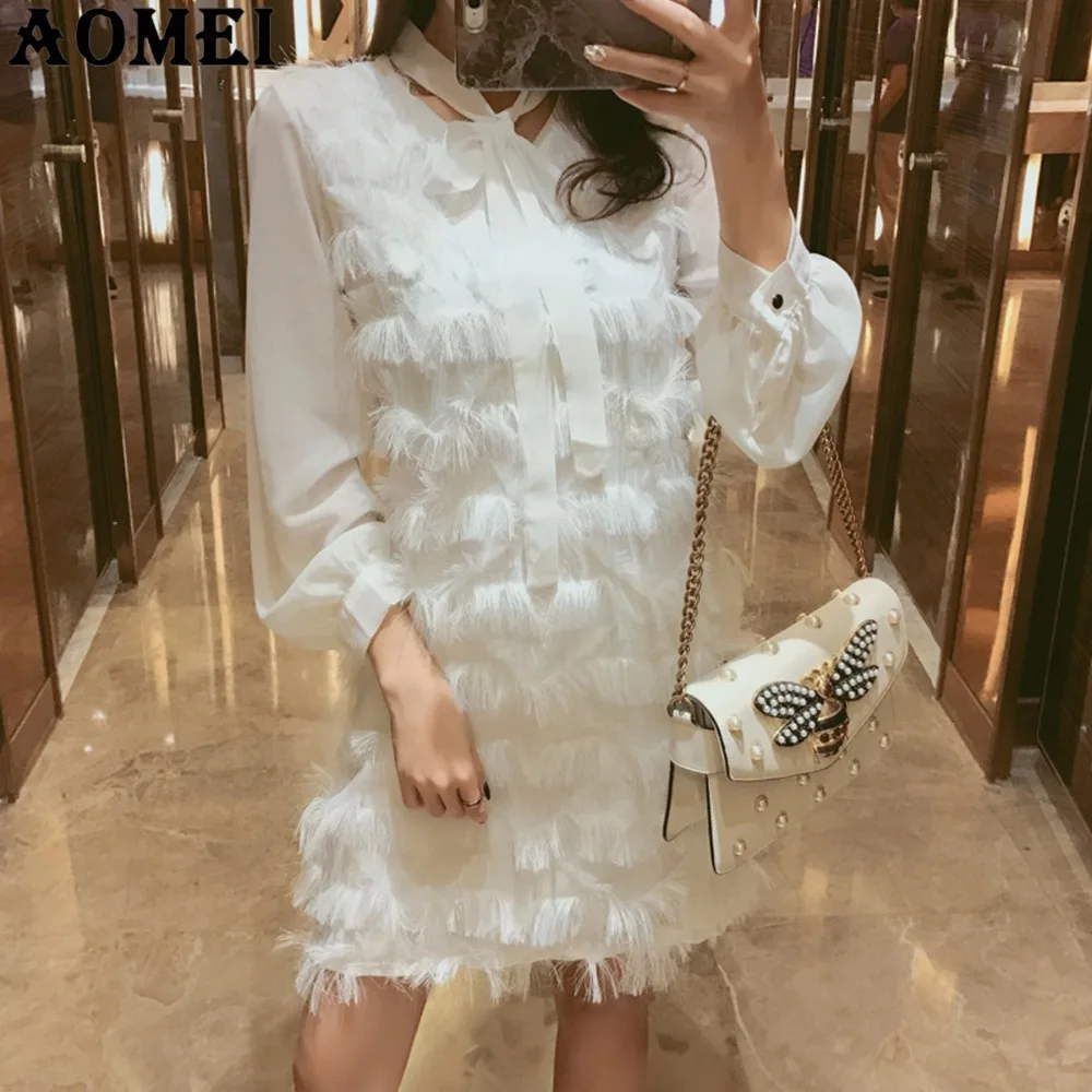 white long sleeve fringe dress