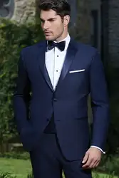 На заказ две кнопки темно-синий жених смокинги нотч жениха мужчины свадебные смокинги пром костюмы ( куртка + брюки + пояс + галстук )