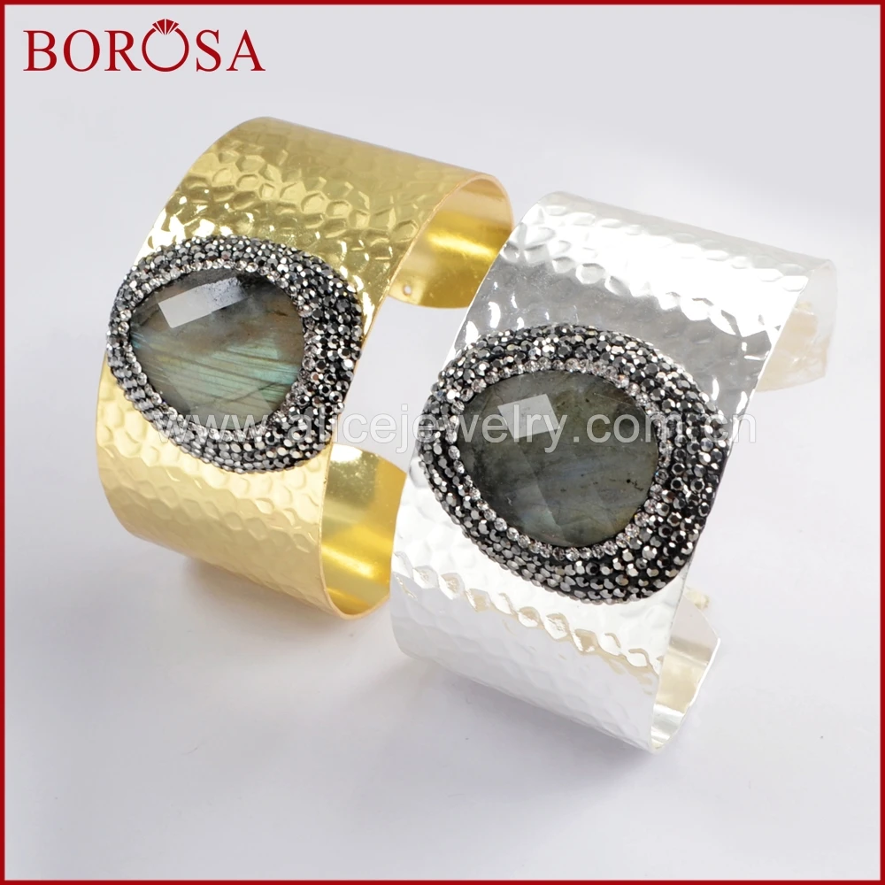 

BOROSA Design 3PCS Gold/Silver Color Natural Labradorite Bangle Druzy Natural Gems Stone Bracelet Jewelry for Women Girls JAB934