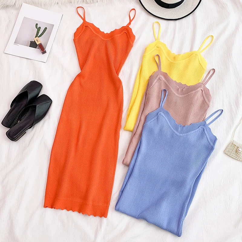 

2019 Summer New Knitted Dress Female Fitness Sexy V-collar Sleeveless Close High Waist Slim Pack Hip Vestidos H020