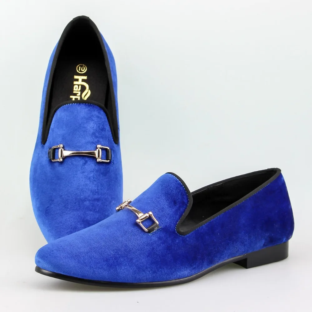 Mens Wedding Shoes Blue Velvet Slippers Buckle Strap Dress Shoes Horbit