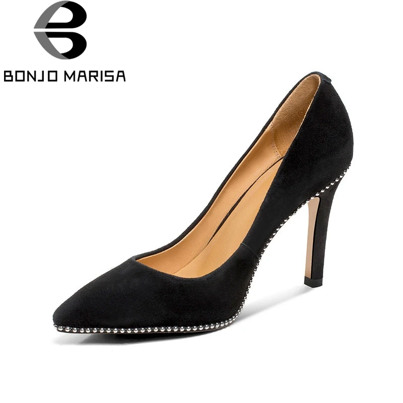 

BONJOMARISA 2018 Spring Autumn Women Brand Concose Natural Suede Pumps High Heels Black Ol Shoes Woman Pointed Toe Shallow Shoes